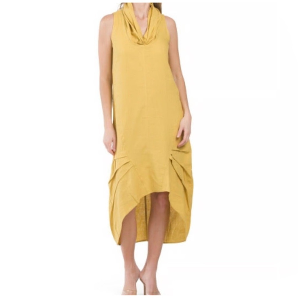 For Cynthia Mustard linen High Low Dress Womens size M